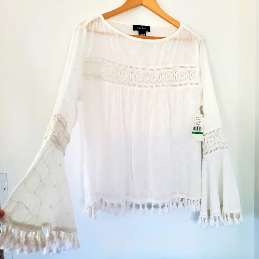 NWT KAREN KANE L White Embroidered Tassel Top Cotton Bell Sleeve Boho Coastal - Picture 13 of 14